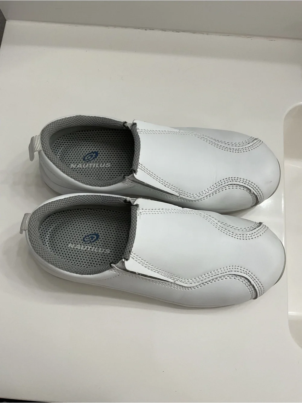 Nautilus White Slip-On Leather Work Loafers with Gray Collar